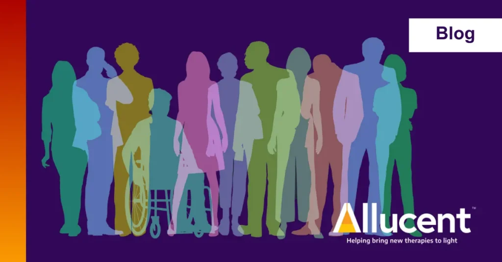 cartoon silhouettes of people in different solid colors against a purple background